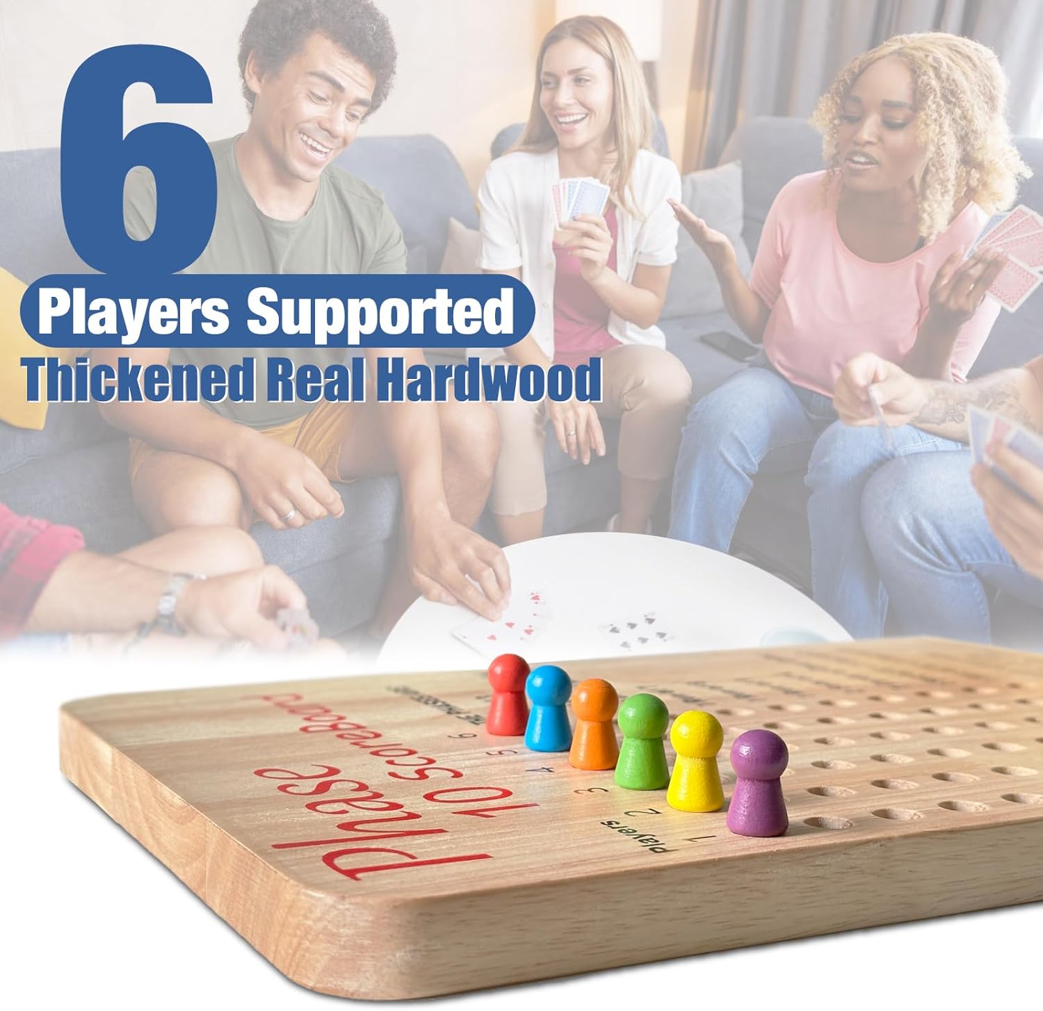 Tuiiopoli Score Board for Phase 10, Thicken Real Quailty Hardwood Oak Scoreboard with 6 Colored Pegs Wooden Score Sheets Tracker Board Party Family Night Oak Accessories Board (Big)