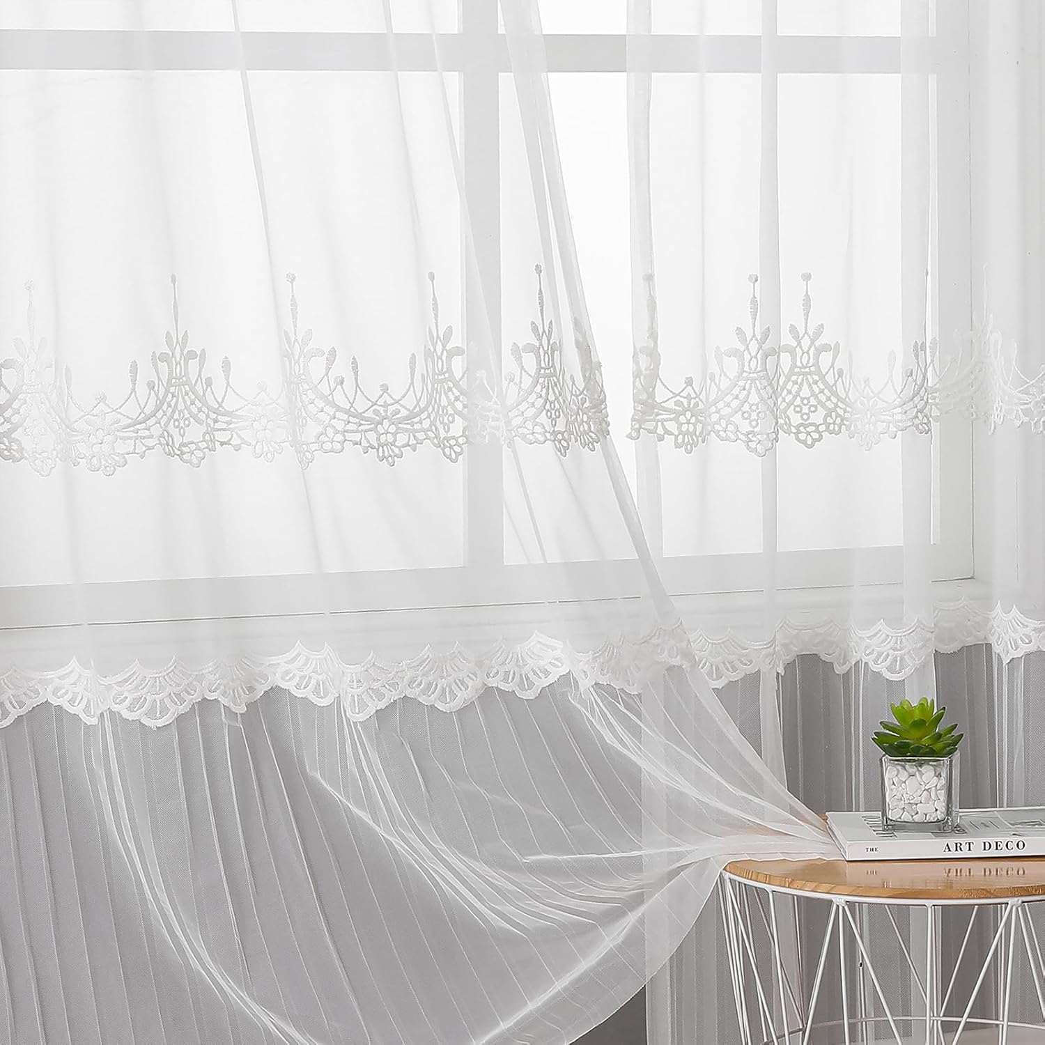 VISIONTEX White Sheer Voile Curtains, Decorative White Embossed European Rod Pocket Window Drapes for Home Kitchen, Living Room and Bedroom 54 x 95 Inch, Set of 2 Curtain Panels