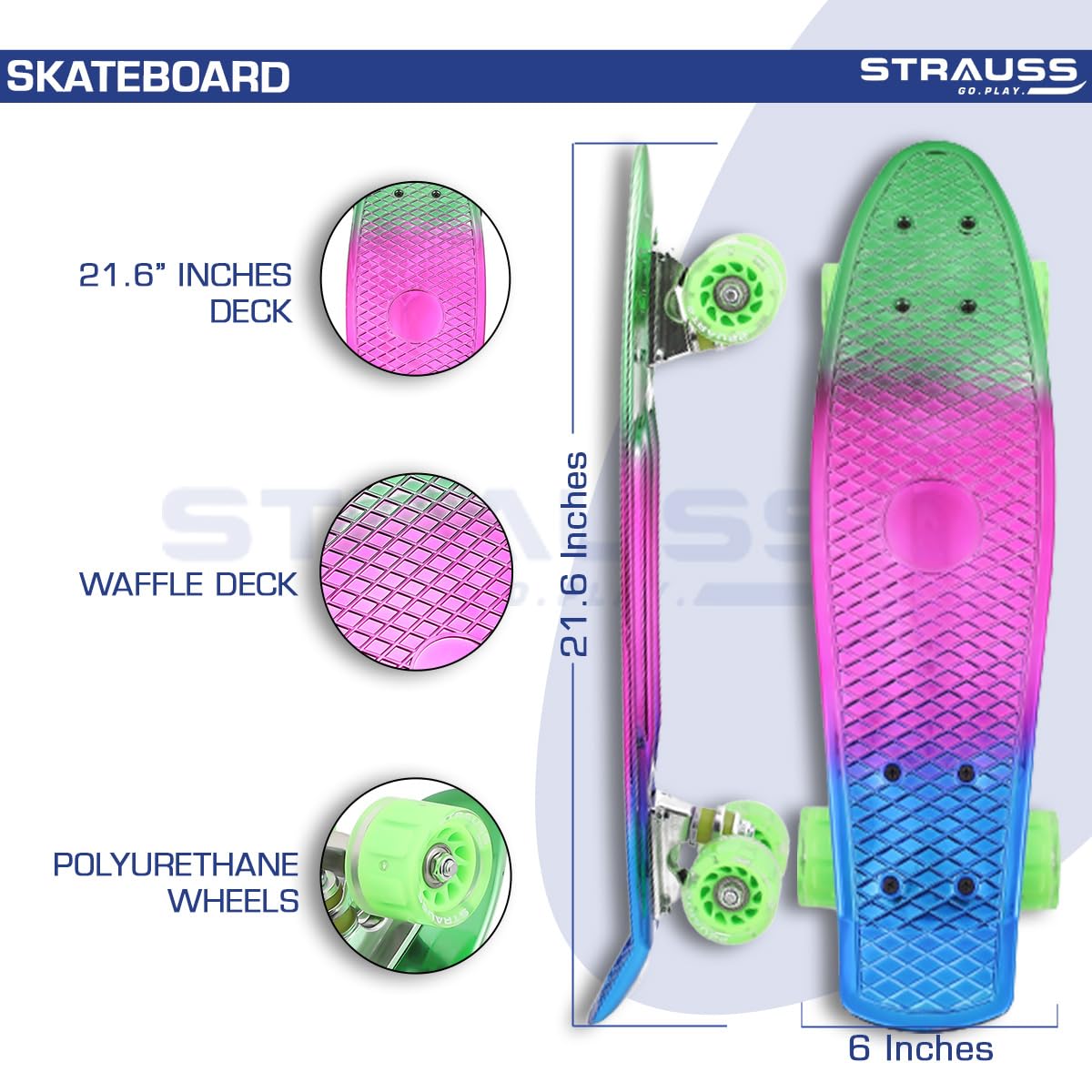 STRAUSS Polypropylene Cruiser Skateboard Penny Casterboard Hoverboard Anti-Skid Board With Abec-7 High Precision Bearings Ideal For 8 Years And Above 22 X 6 Inch, (Green,Pink,Blue) - Image 3 thumbnail