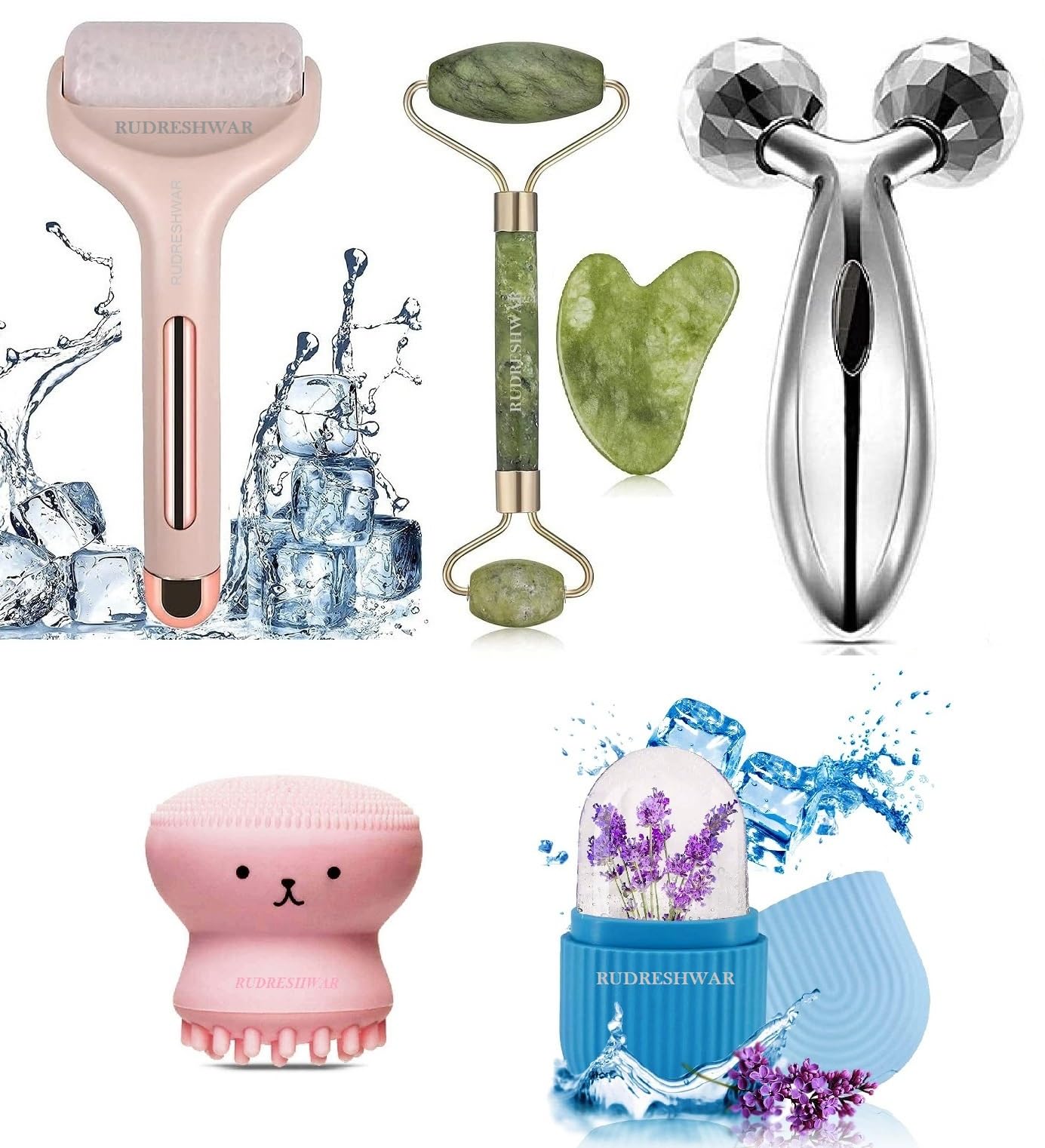 RUDRESHWAR Jade Roller With Gausha Tool, Golden Ice Roller, 3D Manual Face Roller Massager, Silicone Ice Roller And Octopus Face Massager Scrubber Brush (Multi Color) (B0CPJPVP4S) Amazon Price History, Amazon Price Tracker