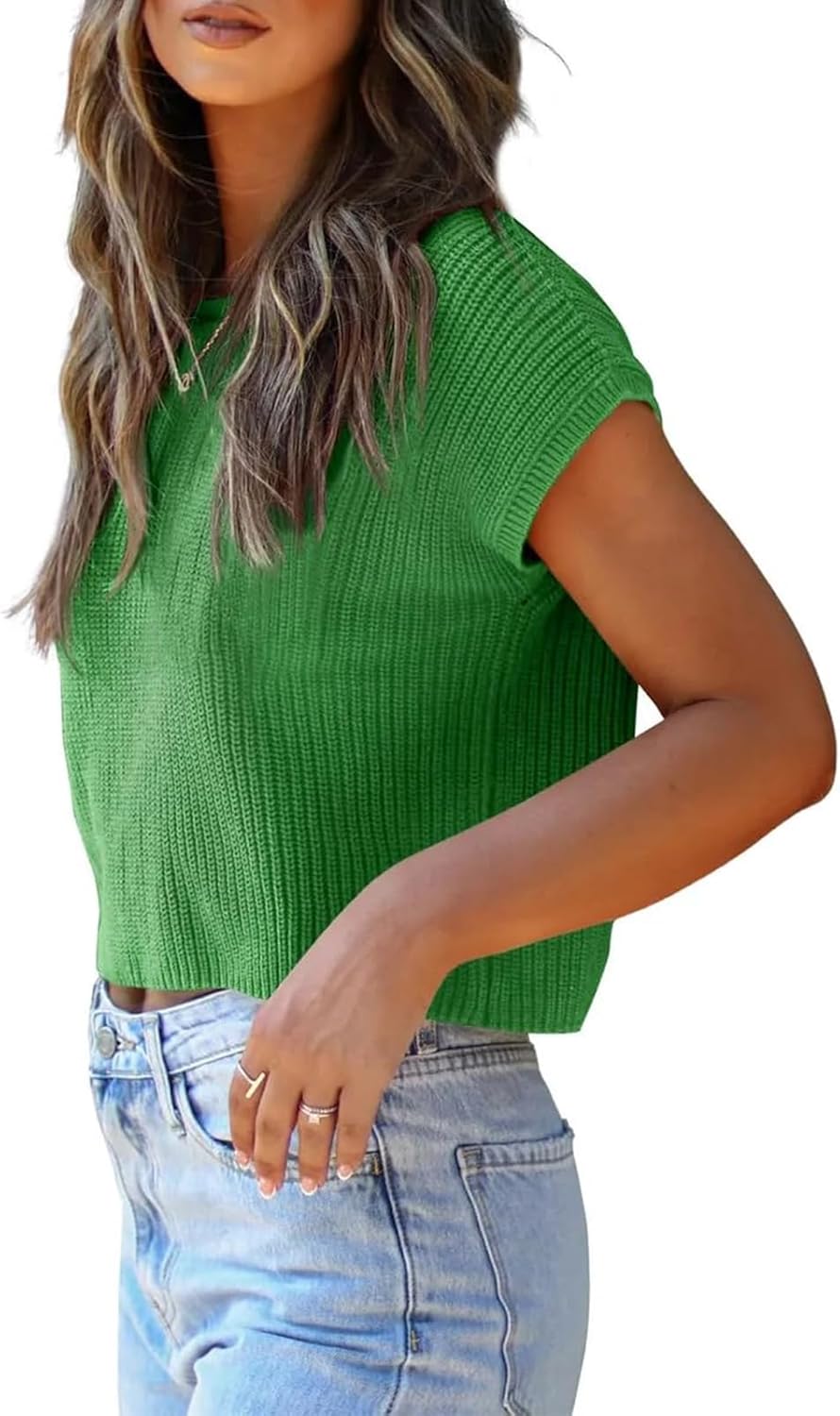 LCXWFE Womens Summer Cropped Sweater Vest Trendy Cap Sleeve Crop Tops Crew Neck Loose Knit Tank Top - Image 3