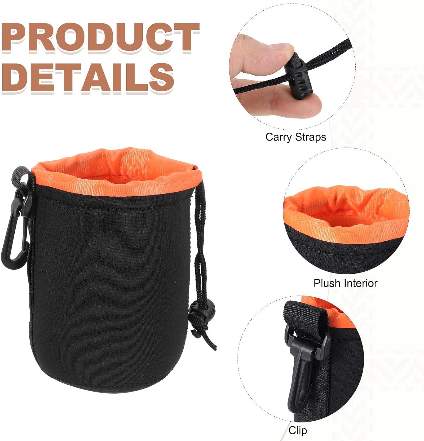 PATIKIL 2 Pcs Camera Lens Pouch, 4" ID x 6" H Drawstring Orange Interior Lens Pouch Protective Camera Lens Case Bag Soft Plush Neoprene Bag for DSLR Photography Gear, Black/Orange