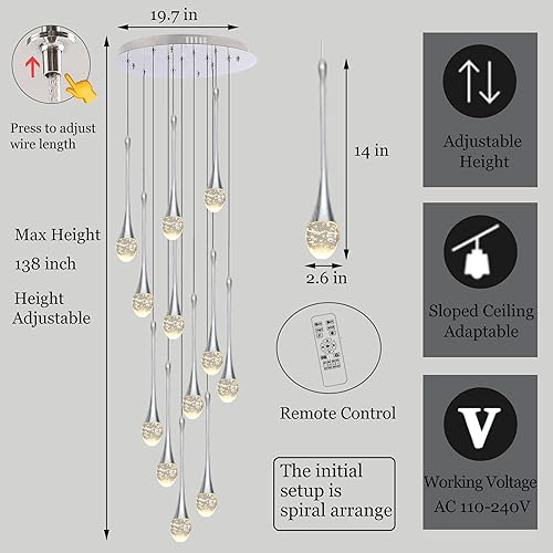 Miniatura 2 de Upfelw Candelabro moderno de cristal para escalera, cromo pulido, 12 luces, H120 pulgadas, gran techo alto, espiral, regulable, LED, gota de lluvia,