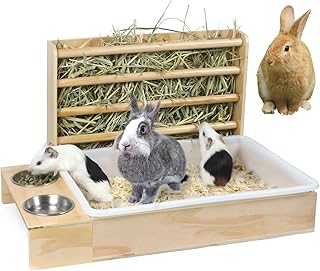 3 in 1 Rabbit Litter Box with Hay Feeder，Wooden Rabbit Hay Feeder，Rabbit Feeder with Litter Box and Bowls，Hay Feeder for Rabbit Guinea Pig Litter Box Hay Feeder Hamster Small Animals