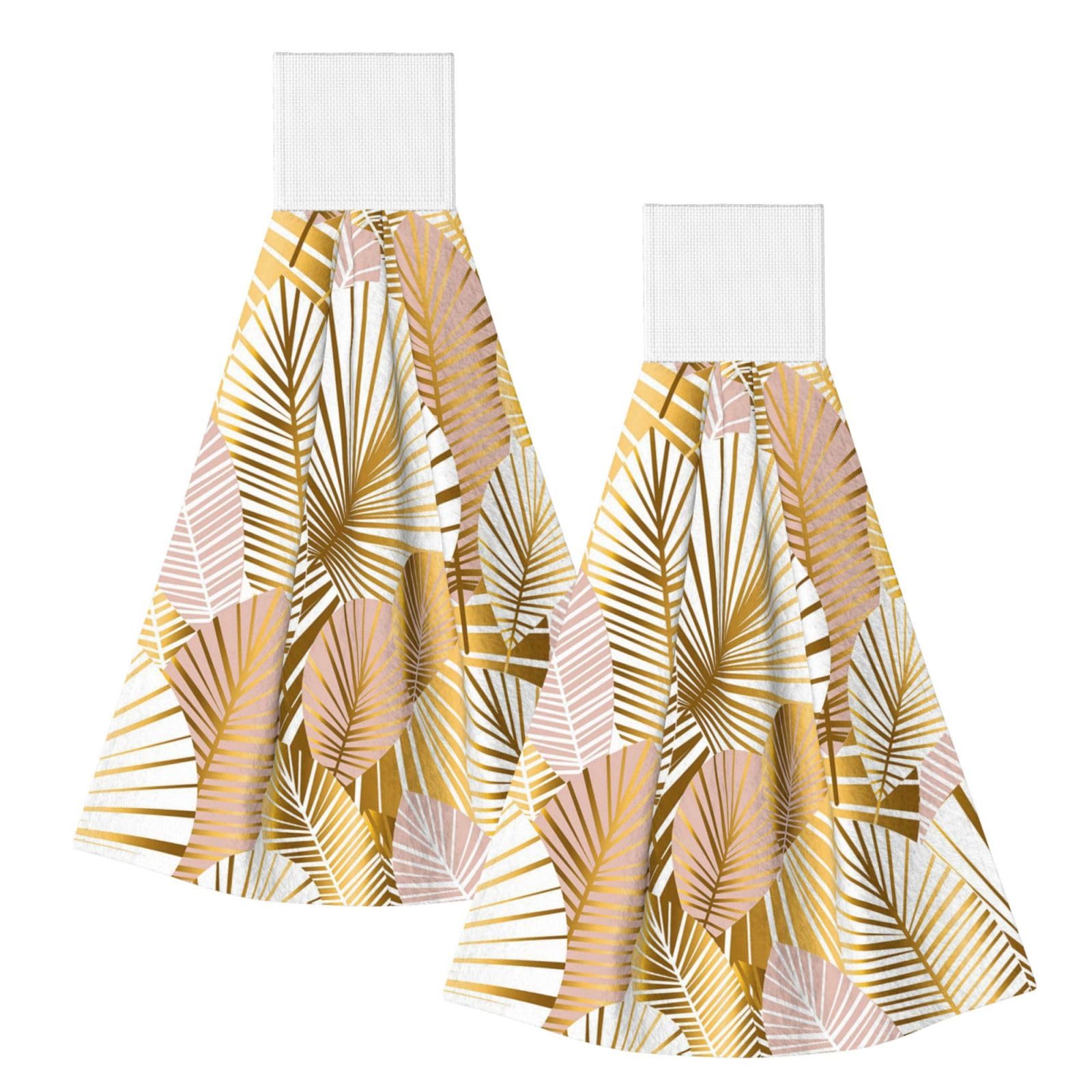 DOPKLNA Tropical Plant In Golden, 2 Pcs Hanging Coral Fiber Hand Towels for Bathroom, Absorbent Kitchen Towels