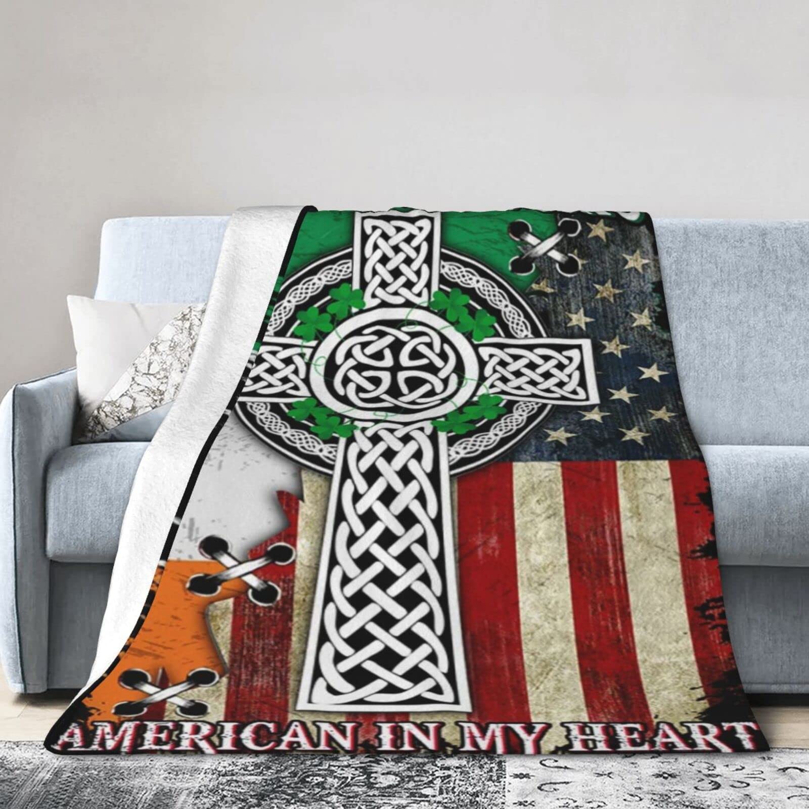 Lsjuee Flannel Fleece Blanket 80"X60" Irish in My Veins, American in My Heart. Celtic Knot Cross Bed Throw Blanket Funny Ultra-Soft Travel Spring Blankets for Kids Keep Warm
