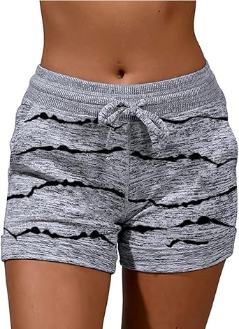 Women Striped Print Shorts Drawstring Waist Workout Female Casual Comfy Cotton Lounge with Pockets