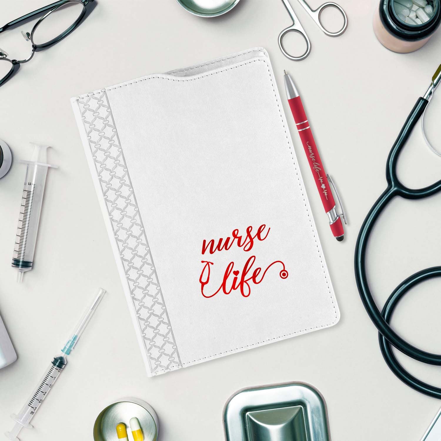 Nurse Appreciation zestaw teczek i długopisów/zeszyt z białej skóry z czerwonym liściem i czerwonym długopisem, nowoczesny zestaw upominkowy dla pielęgniarek