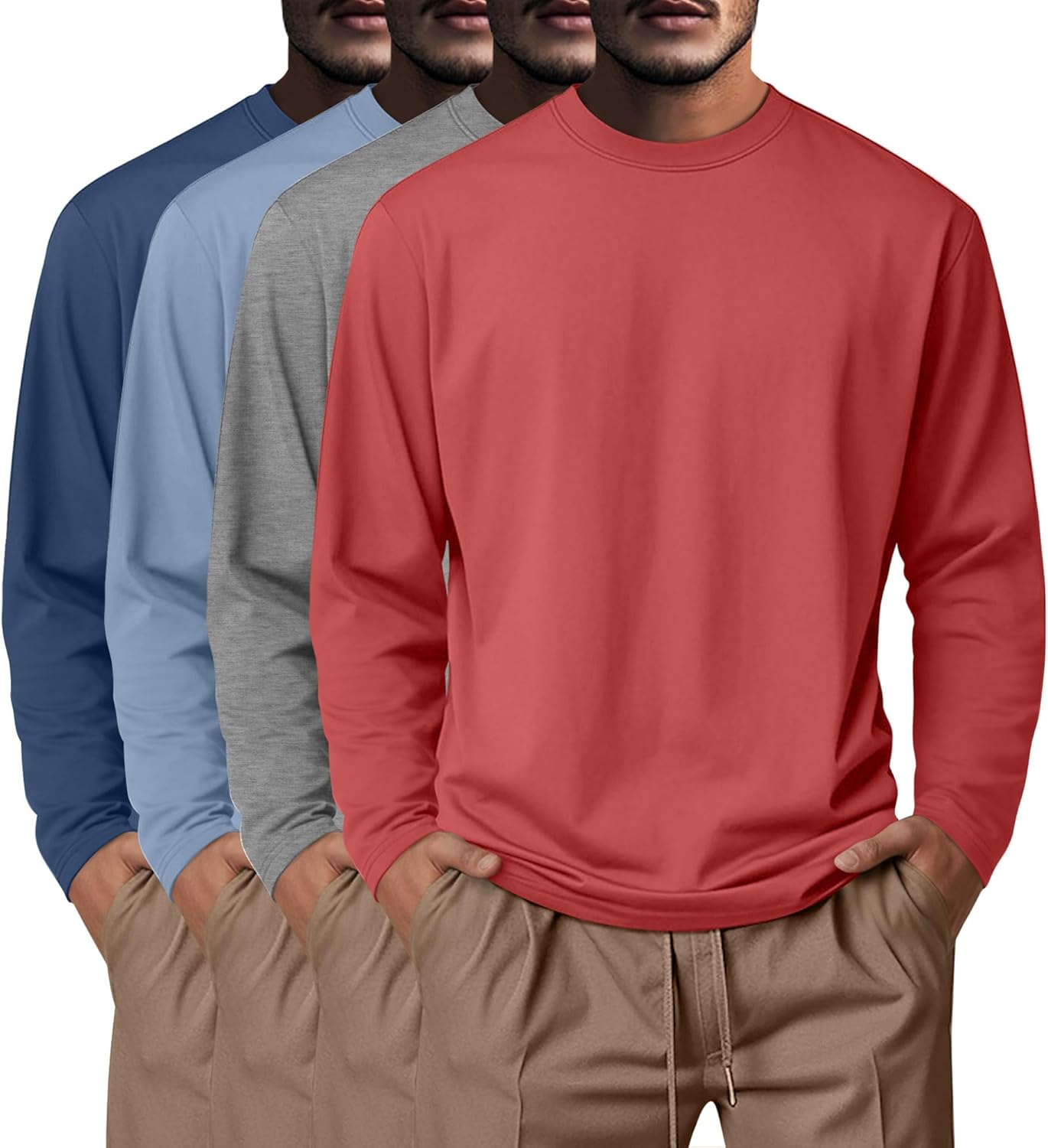 Neer 4 Pack Mens Big and Tall Shirts Cotton Long Sleeve Crewneck Casual Tops Plus Size Basic Tee Shirts Multipack