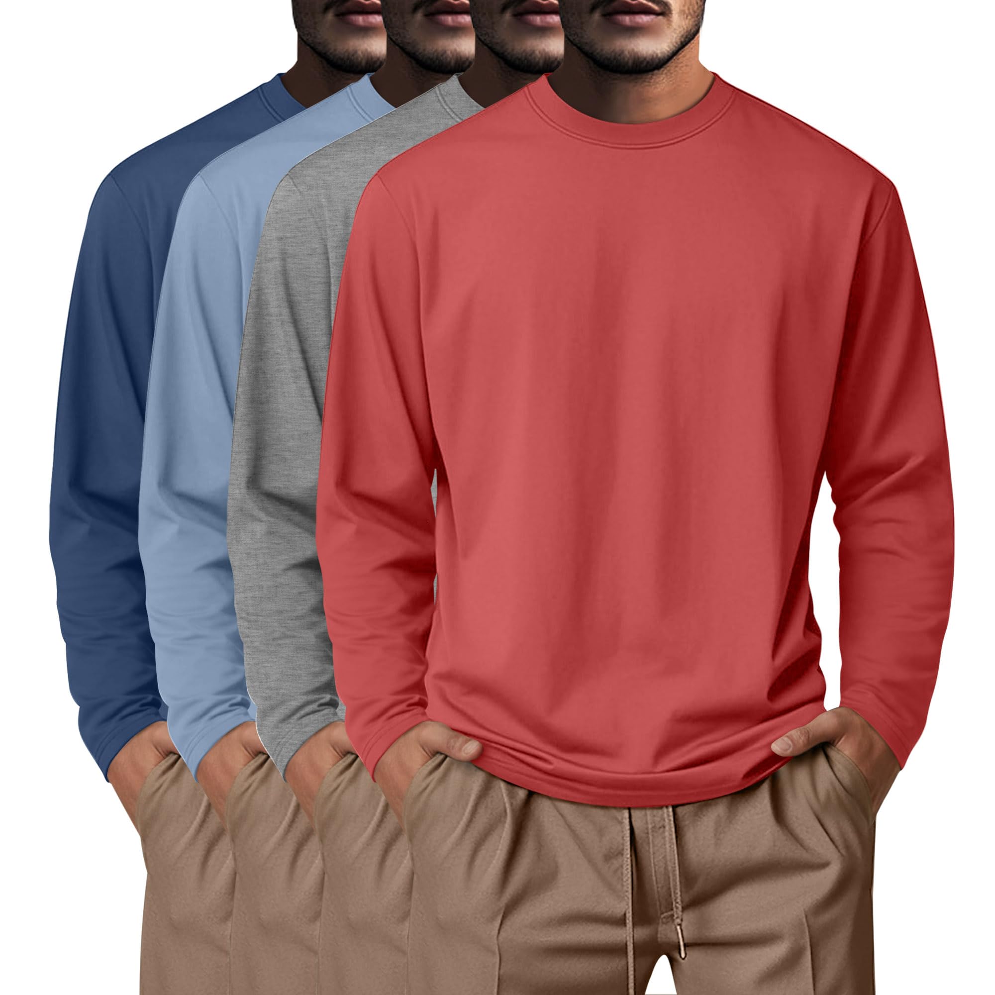 4 Pack Men Big and Tall Shirts Cotton Long Sleeve Basic Top