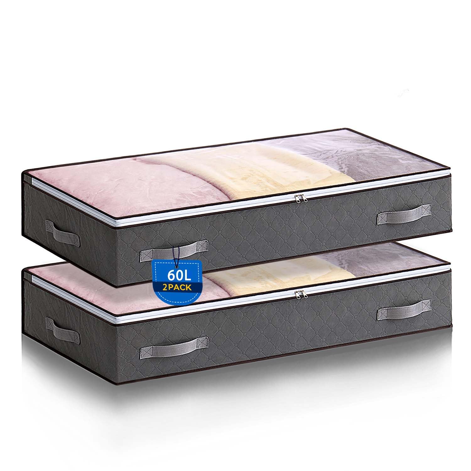 Boic 2 Pack Underbed Storage Bags 60L, Foldable Under Bed Storage Boxes With Lids, Underbed Storage With Reinforced Handle, Clothing Storage Bags For Clothes, Comforters, Blankets & Bedding — image 1