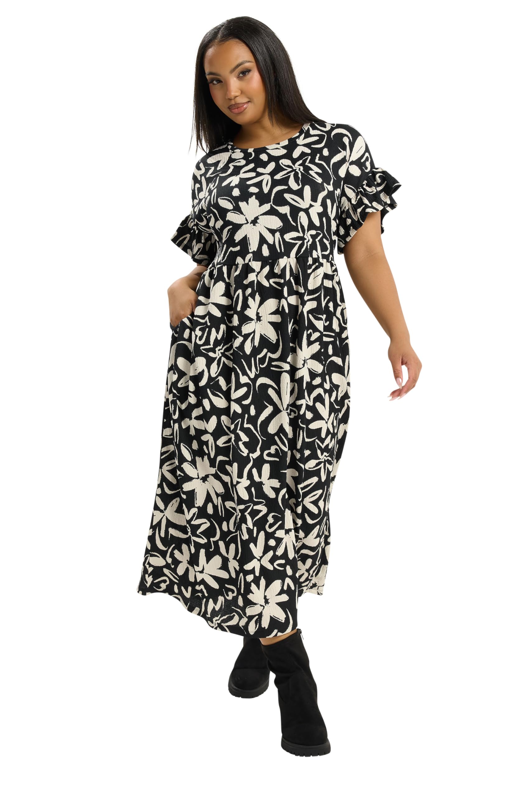 Yours Women's Black Curve Floral Frill Sleeve Dress - Plus Size Curve