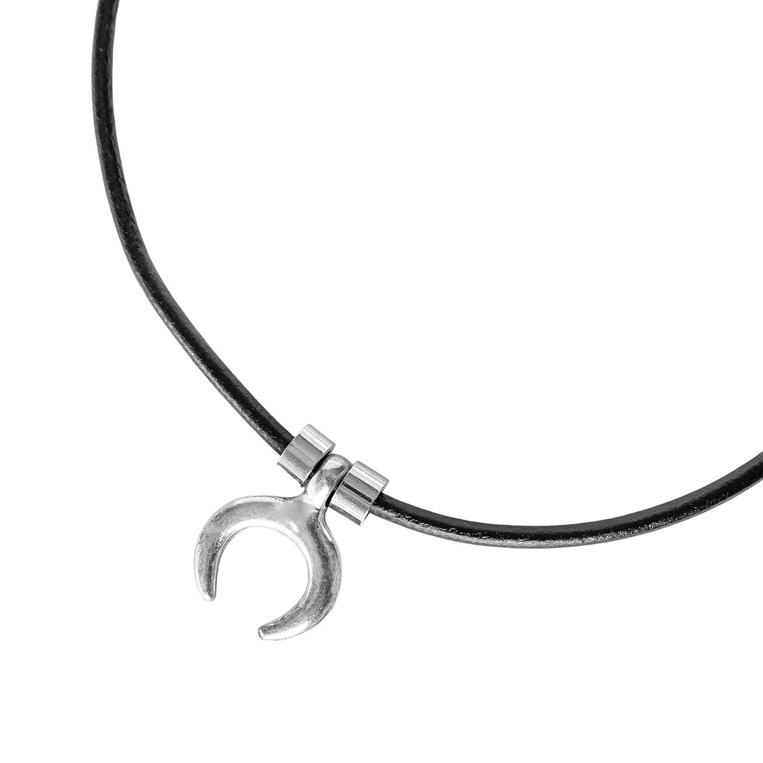Men's Horseshoe Necklace, Short Black Leather and Silver Plated Taurus Horn Pendant