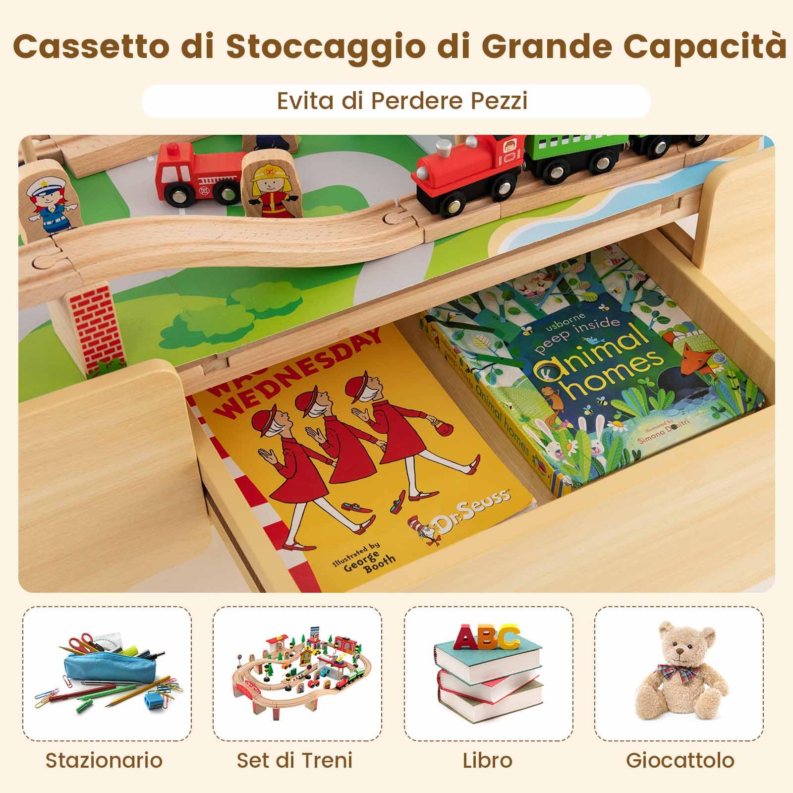 COSTWAY Tavolo e Set di Trenini in Legno, Tavolo Reversibile e Staccabile e Binari in Legno Massiccio, Set da Gioco Creativo 84/80 Pezzi, per Bambini 3 Anni+ (Stile 1)