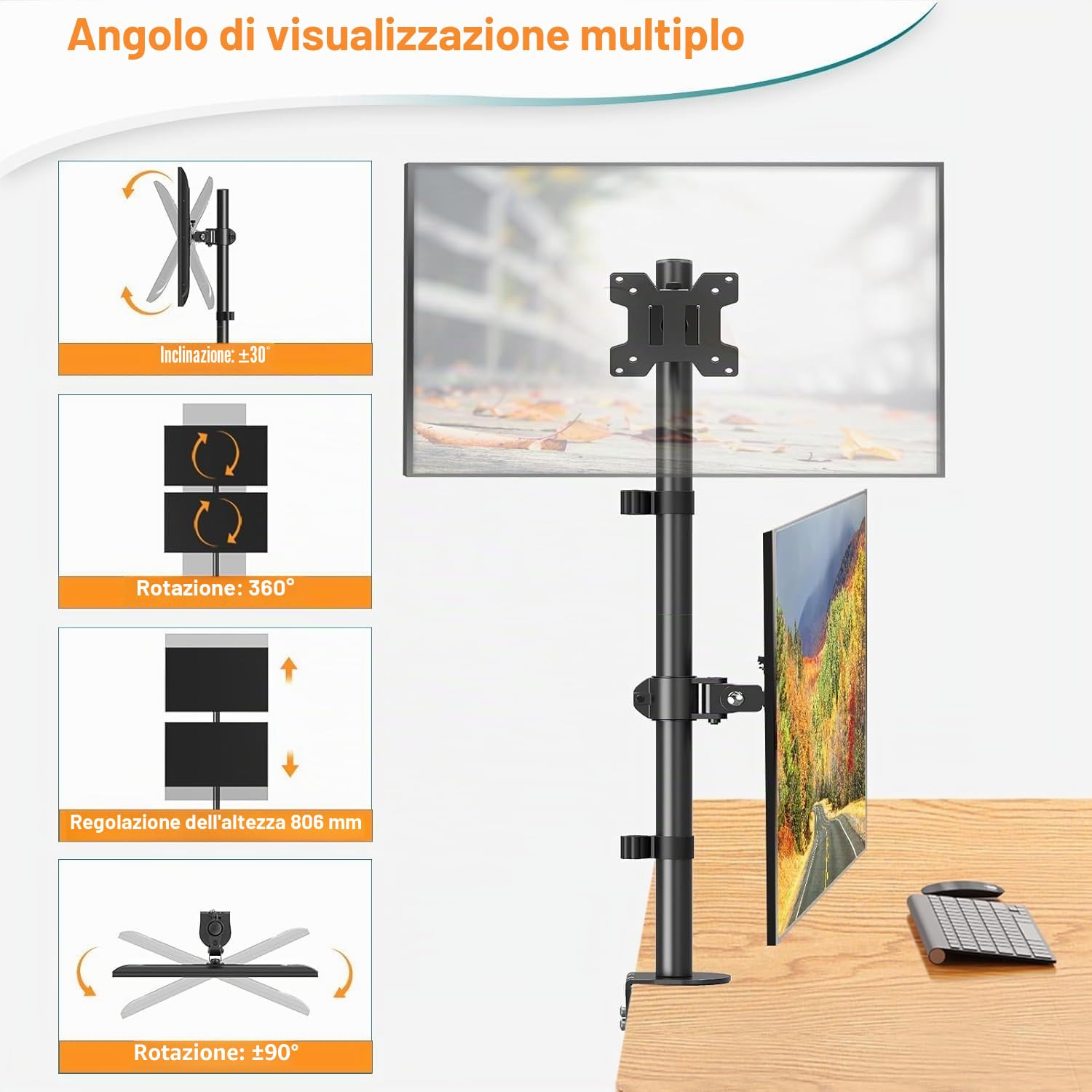 ELIVED Supporto verticale per 2 monitor, asta da 80 cm per monitor da 13-32 pollici fino a 8 kg Supporto doppio per monitor EV4012