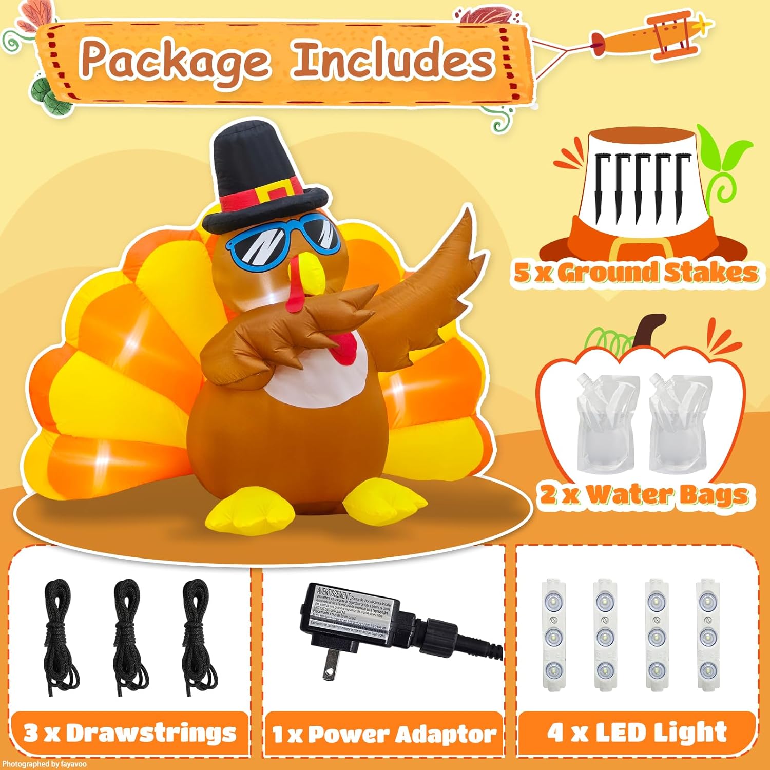 6FT Thanksgiving Inflatables Outdoor Decorations Turkey, Fun Thanksgiving Blow Ups Turkey Wear Sunglasses, Fall Yard Inflatable Decor with LED Lights for Outside Garden Lawn Indoor Party Decor