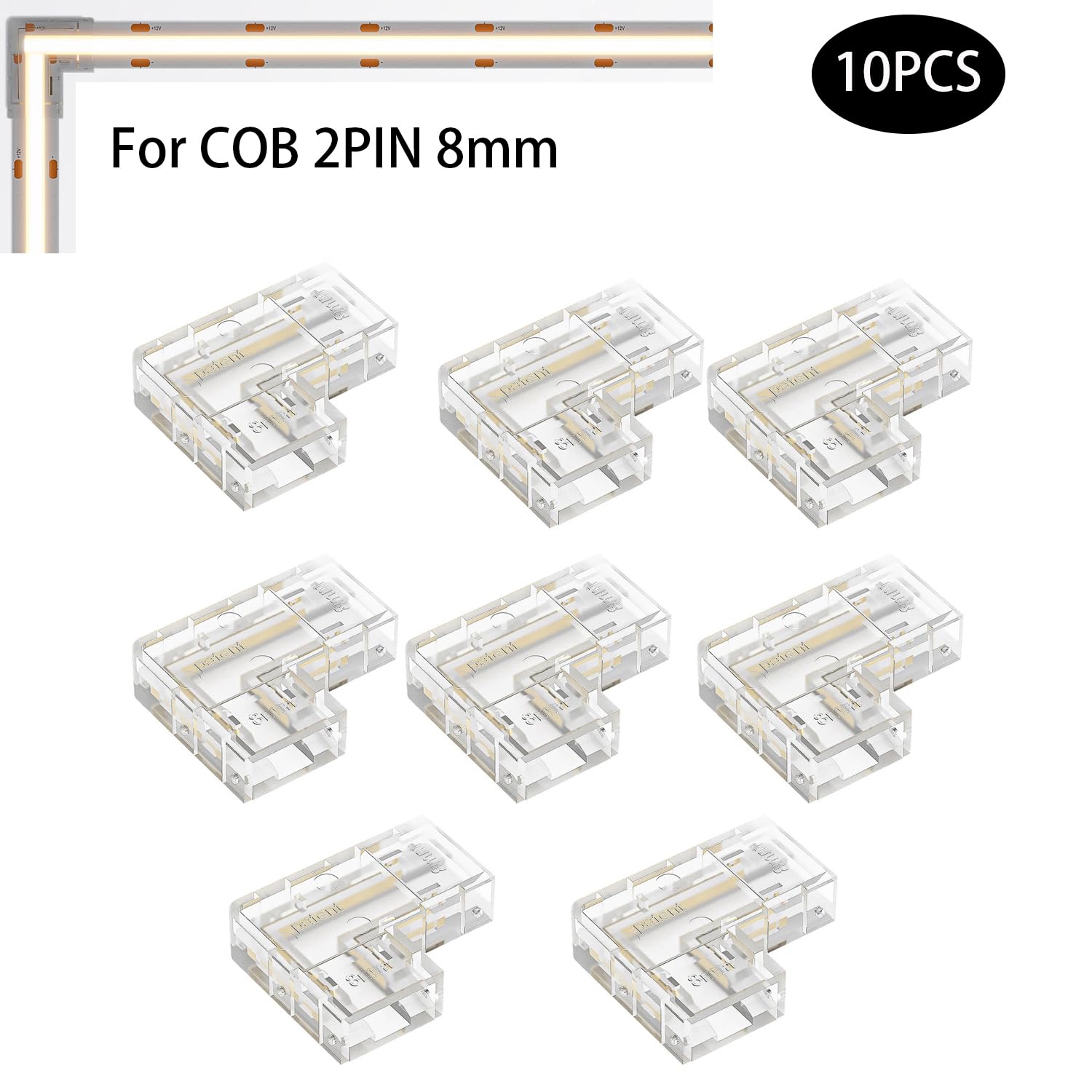 TOKERU 2-Pin 8mm COB LED Strip L-Shape Connectors for Corner Turns Solder-Free Transparent Adapter for 8mm Single-Color COB Strips - Image 2