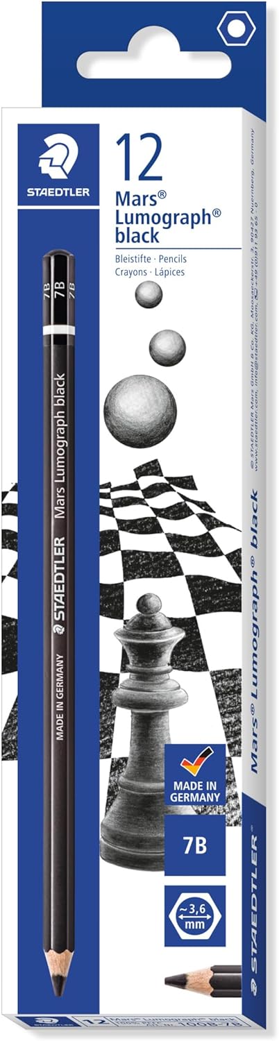Staedtler Mars Lumograph Black Art Pencils, Presharpened #7B Artist Pencils, Box of 12, 100B-7B