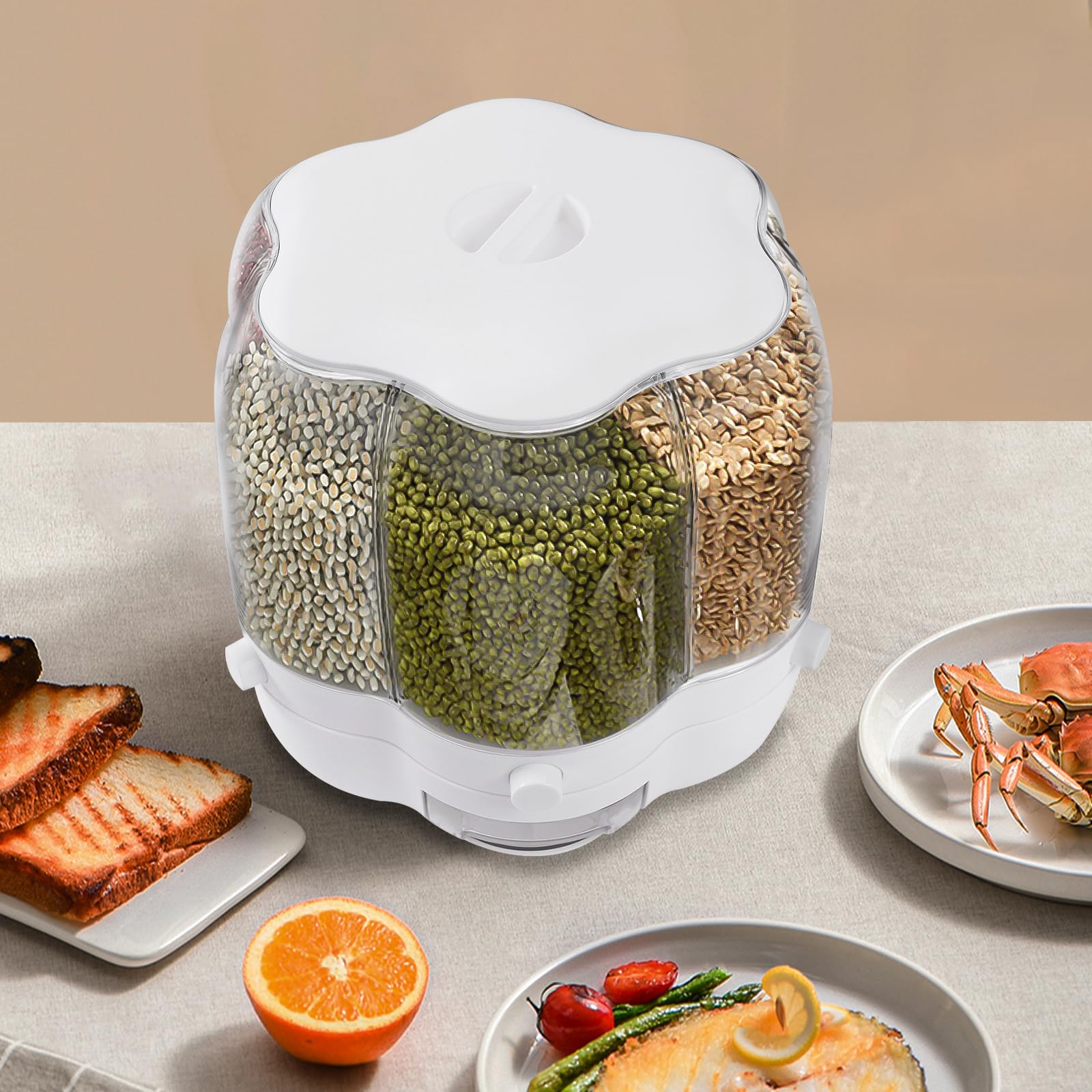 Unnsiapit Rice Dispenser, 6 Grid 360° Rotating Rice Container Cereal Dispenser with Lid, Grain Storage Organizer Holder for Kitchen Countertop Dry Food, White, 12.5kg/28lbs
