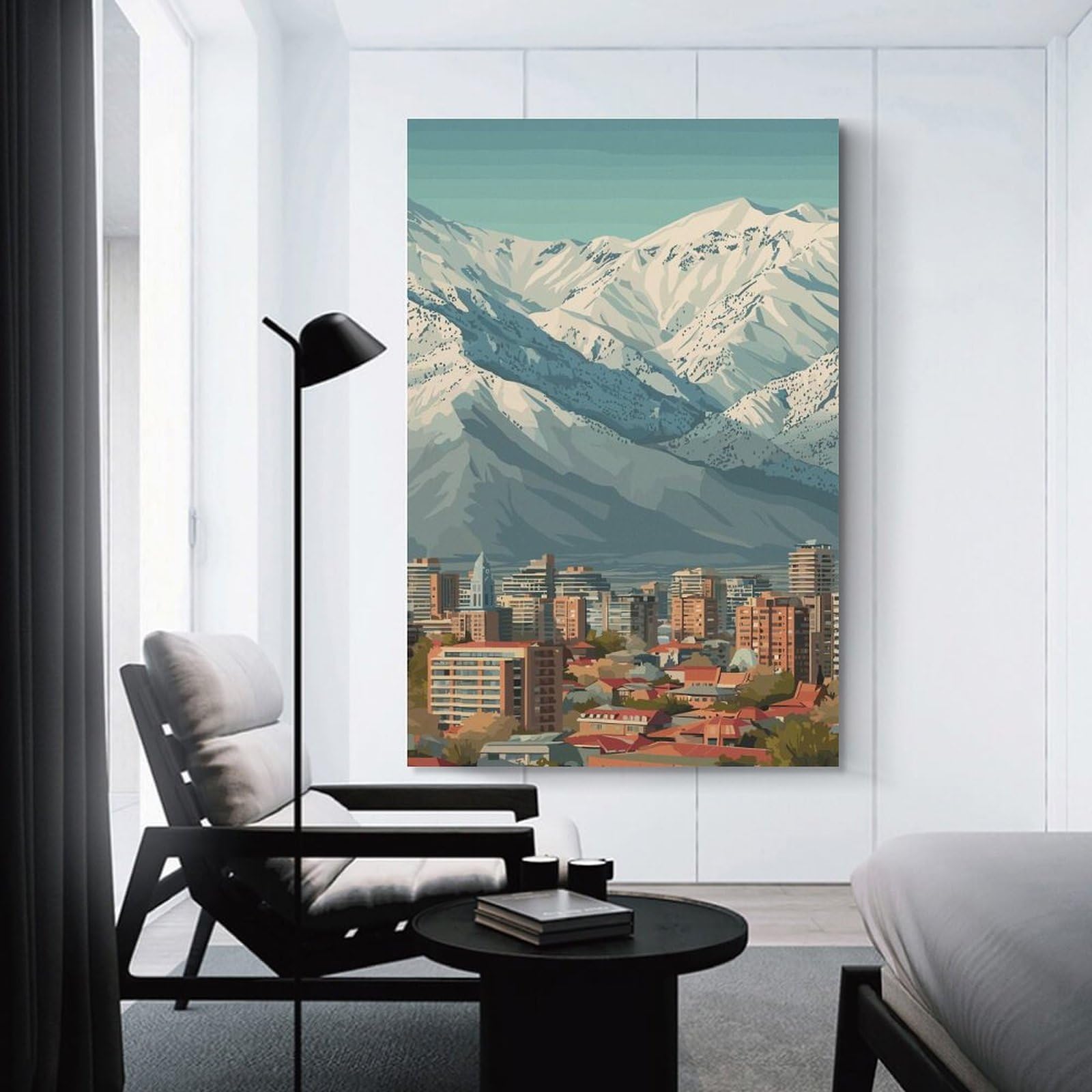Junmoney Cityscape with Snowy Mountains Backdrop Room Decor Wall Art 08x12inch(20x30cm), for Bedroom, Guest Room Or Reading Nook, An Easy Wall Refresh for Bedrooms