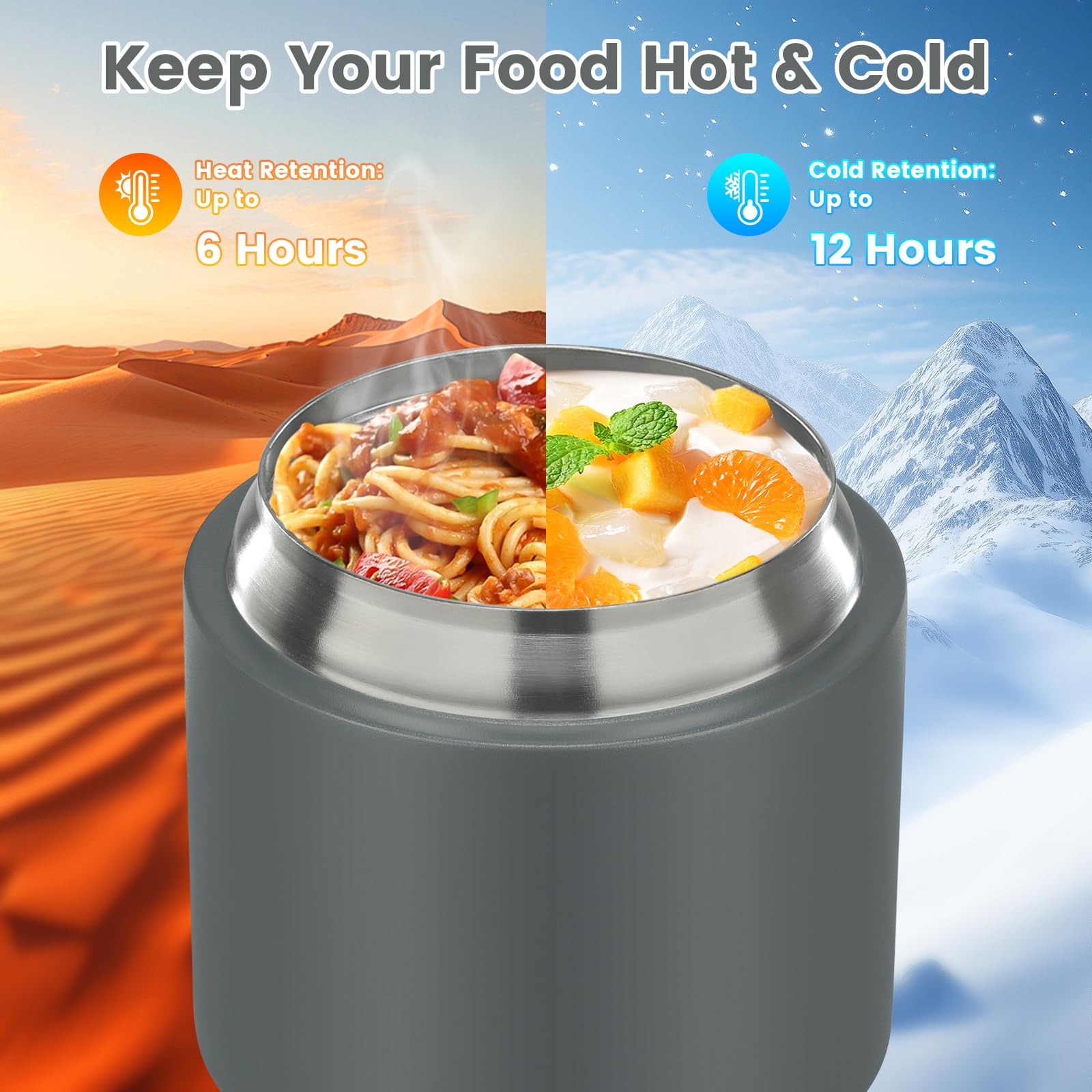 Termo de sopa de 15 onzas con recipientes de aperitivos para niños, tarro de comida aislado de boca ancha y 2 tazas de aperitivos, mango de silicona, cuchara de acero inoxidable, a prueba de fugas y