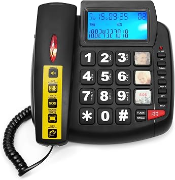 Big Button Phone for Seniors, Corded Landline Telephone with Speaker and LCD Display, One Touch Speed Dialing, Volume Adjustable, Caller ID Light, Hands-Free Function