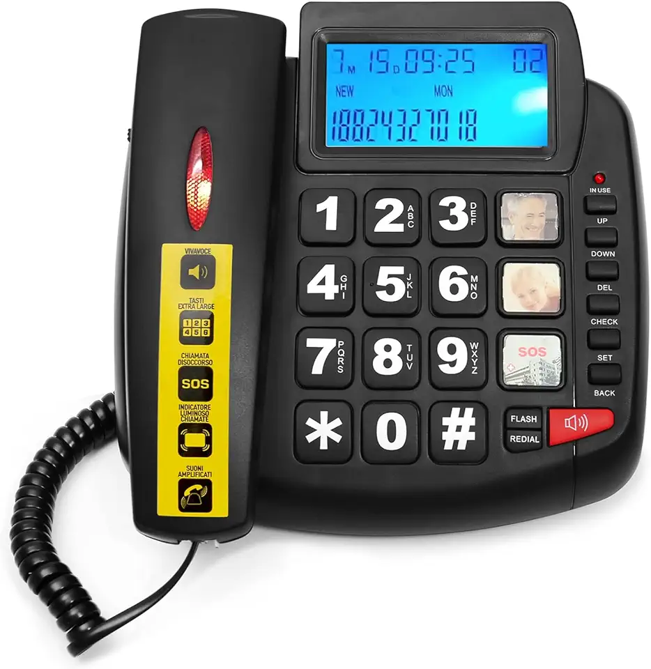 Telefone Com Botões Grandes Para Idosos, Fixo Fio, Alto-Falante E Visor Lcd, Discagem Rápida Um Toque, Volume Ajustável, Luz De Identificação Chamadas, Função Viva-Voz