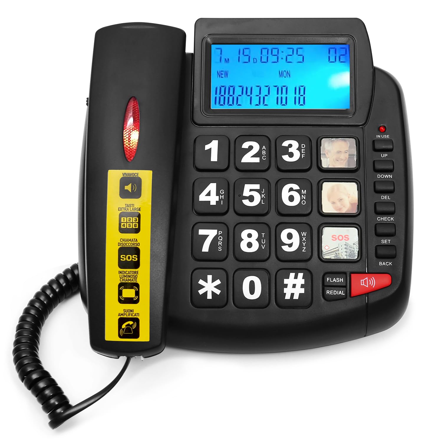 Telefono con pulsante grande per anziani, telefono fisso con cavo con altoparlante e display LCD, composizione rapida One Touch, volume regolabile, luce ID chiamante, funzione vivavoce