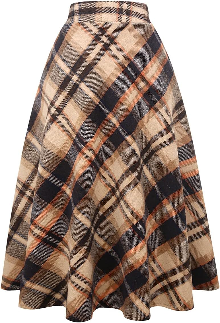 IDEALSANXUN Womens Plaid Wool Skirts Elastic Waist A-Line Pleated Tartan Long Skirts