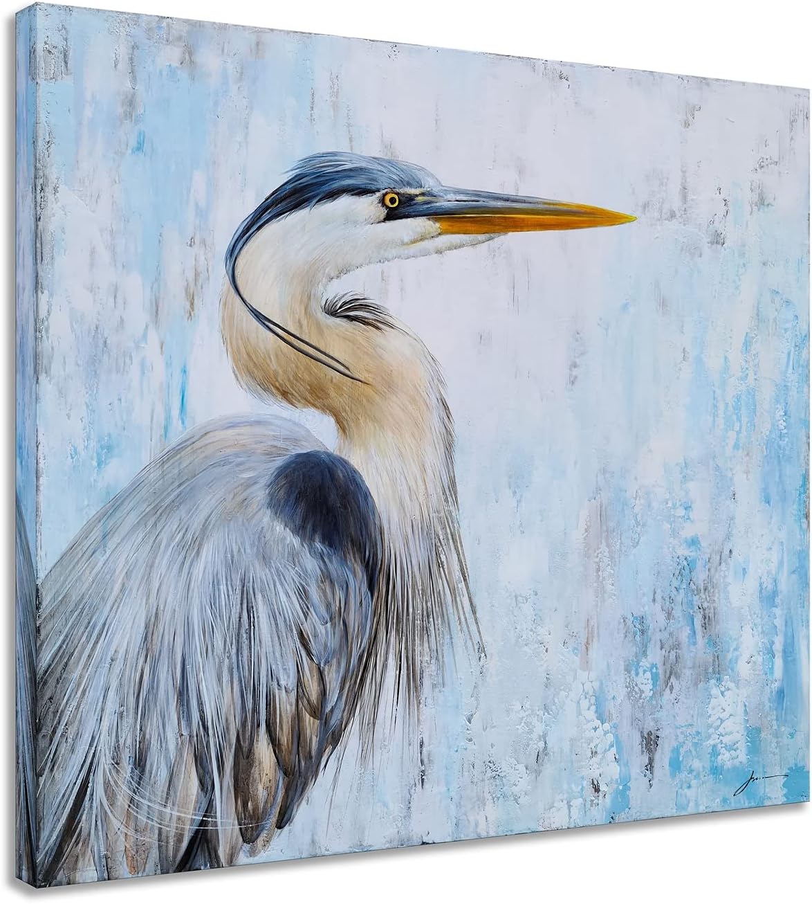 SYGALLERIER Heron Canvas Wall Art with Textured - Modern Bird Paintings in Teal and Grey Color - Abstract Cormorant Pictures for Living Room Bedroom Bathroom Decor