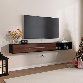 FurniNova Floating TV Stand with 2 Doors,Black&Walnut,55 Inch