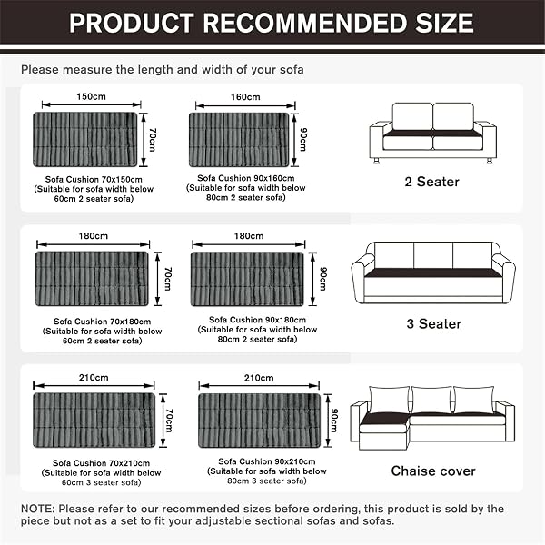 LINGKY Thick Sofa Covers Washable - Soft Corduroy Sofa Cover 2 3 4 Seater, Non-Slip Sofa Slipcovers, Sofa Cushion Covers Pet Couch Covers Furniture Protector for Living Room (Dark Grey, 70x150cm) - 4