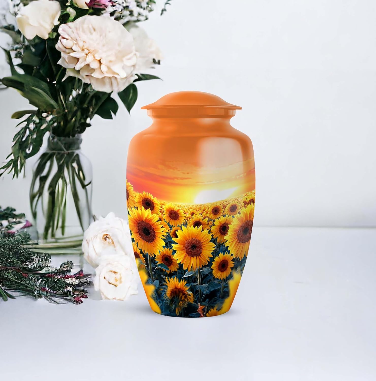 Sunflower Customised Cremation Burial Urns for Ashes Adult Male, Orange Funeral Urn for Adult Ashes Mother & Father, Sunrise Large Decorative Urn for Human Cremation, 10 Inch