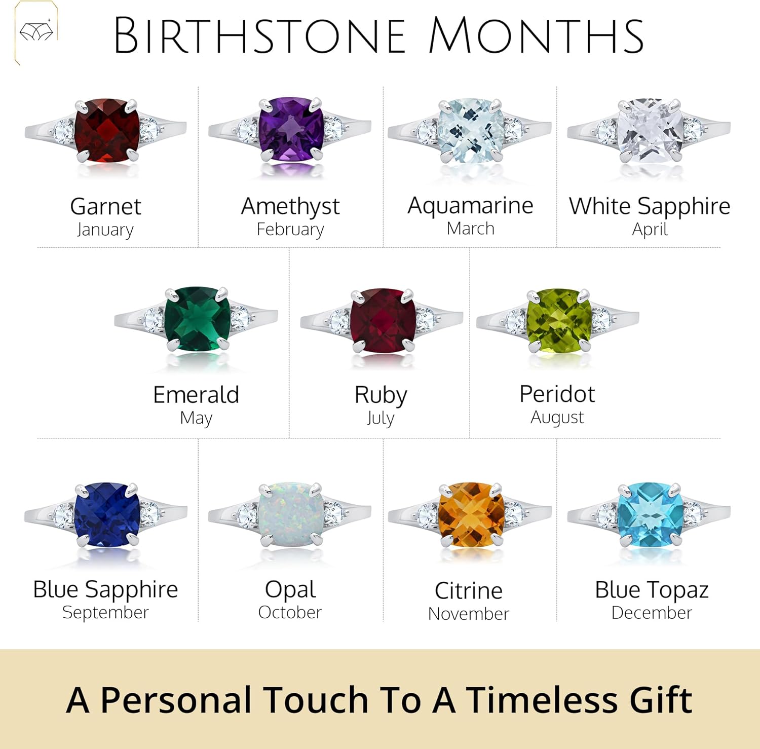 MAX + STONE 10k Gold Gemstone Rings for Women | Cushion Cut Three Stone Ring | Anti Tarnishing Birthstone Rings | Cocktail Ring with Gift Box in Size 5 to 9 - Image 5