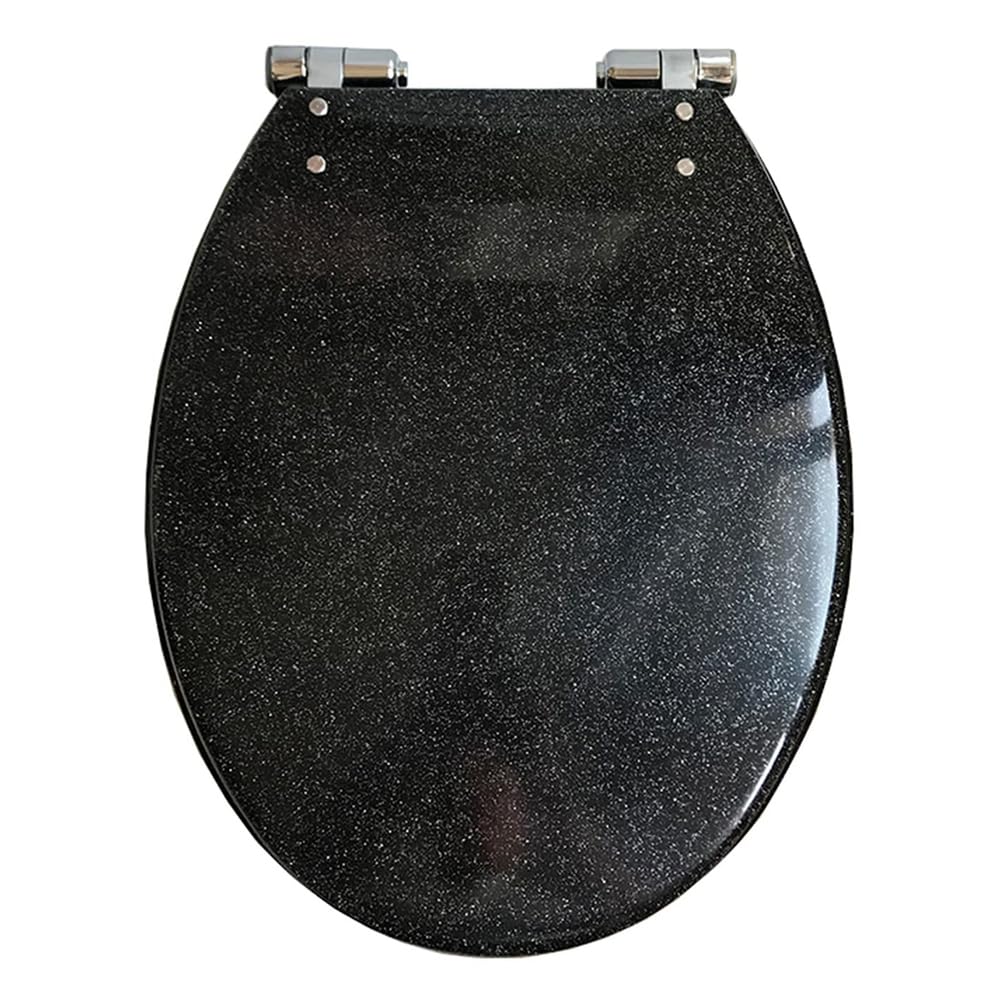 Dazzluxe Glitter Round Toilet Seat, 16.5" Quiet No Slamming Toilet Cover with Slow Close Toilet Lid, Quick Release for Easy Clean, Safe Resin Non-Slip Toilet Seats,Black