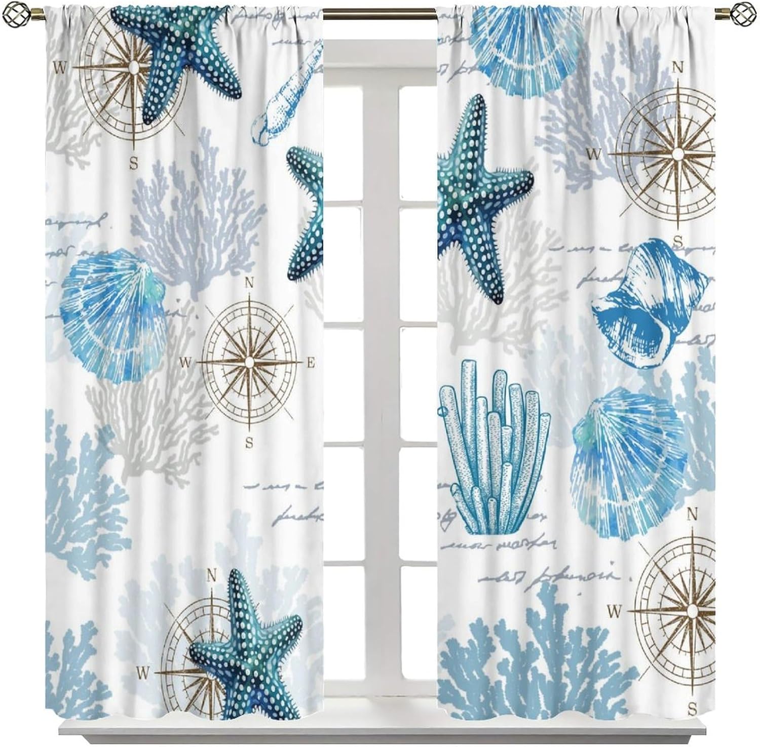 Nautical Coastal Blackout Curtain,Ocean Starfish Coral Sea Shell Window Curtains Cloth Farbic for Office Dining Room Living Room Kitchen Cafe Bedroom Drapes, 63x72 in