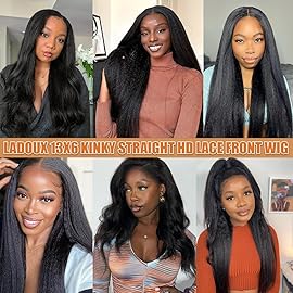 Ladoux 13x6 Lace Front Kinky Straight Wig HD Transparent Yaki Straight Frontal Closure Human Hair Wigs for Women 20Inch 180% Density Glueless Wig Pre Plucked With Baby Hair