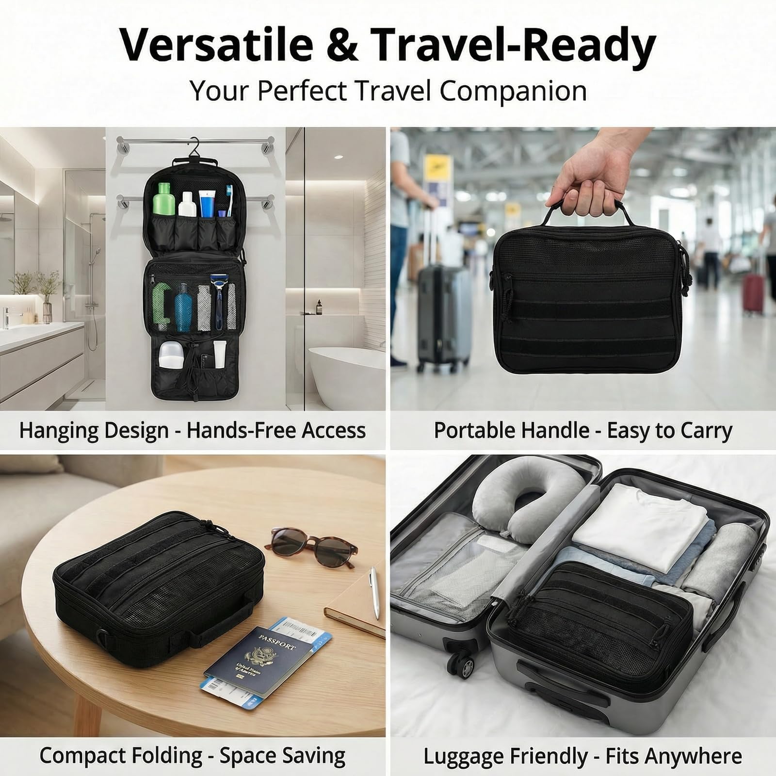 VELVEBAG Neceser de viaje para hombre, bolsa de aseo táctico para hombre, bolsa de aseo colgante para hombre, bolsa de aseo de viaje, bolsa de aseo para hombre, bolsa de ducha, Negro, Neceser colgante