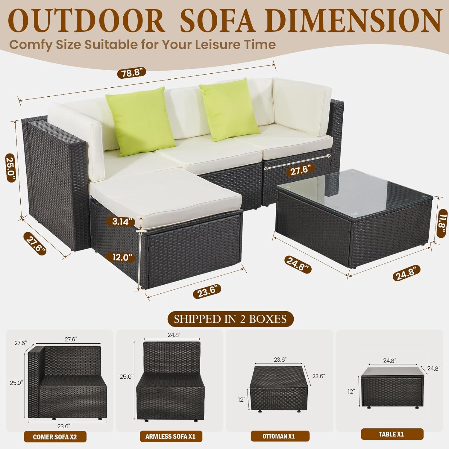 GEONKAI 5 Pieces Patio Furniture Set,Outdoor PE Wicker Sectional Sofa Set with Glass Coffee Table,Waterproof Cushions & UV-Resistant All-Weather Rattan Couch Set for Backyard,Poolside,Garden
