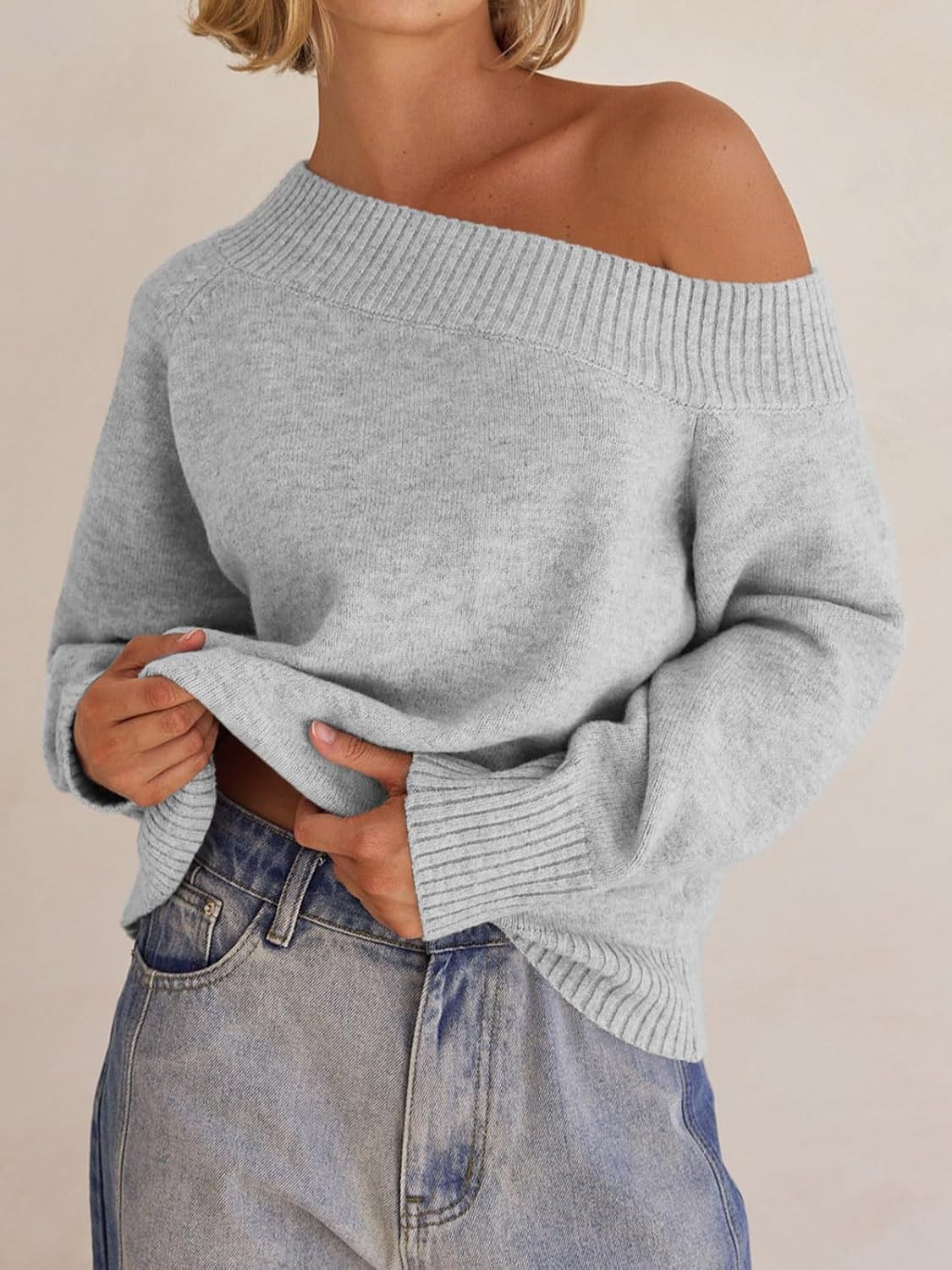 Saodimallsu Womens Off The Shoulder Sweater Long Sleeve Boat Neck Pullover 2025 Casual Trendy Loose Knit Tops - Image 2