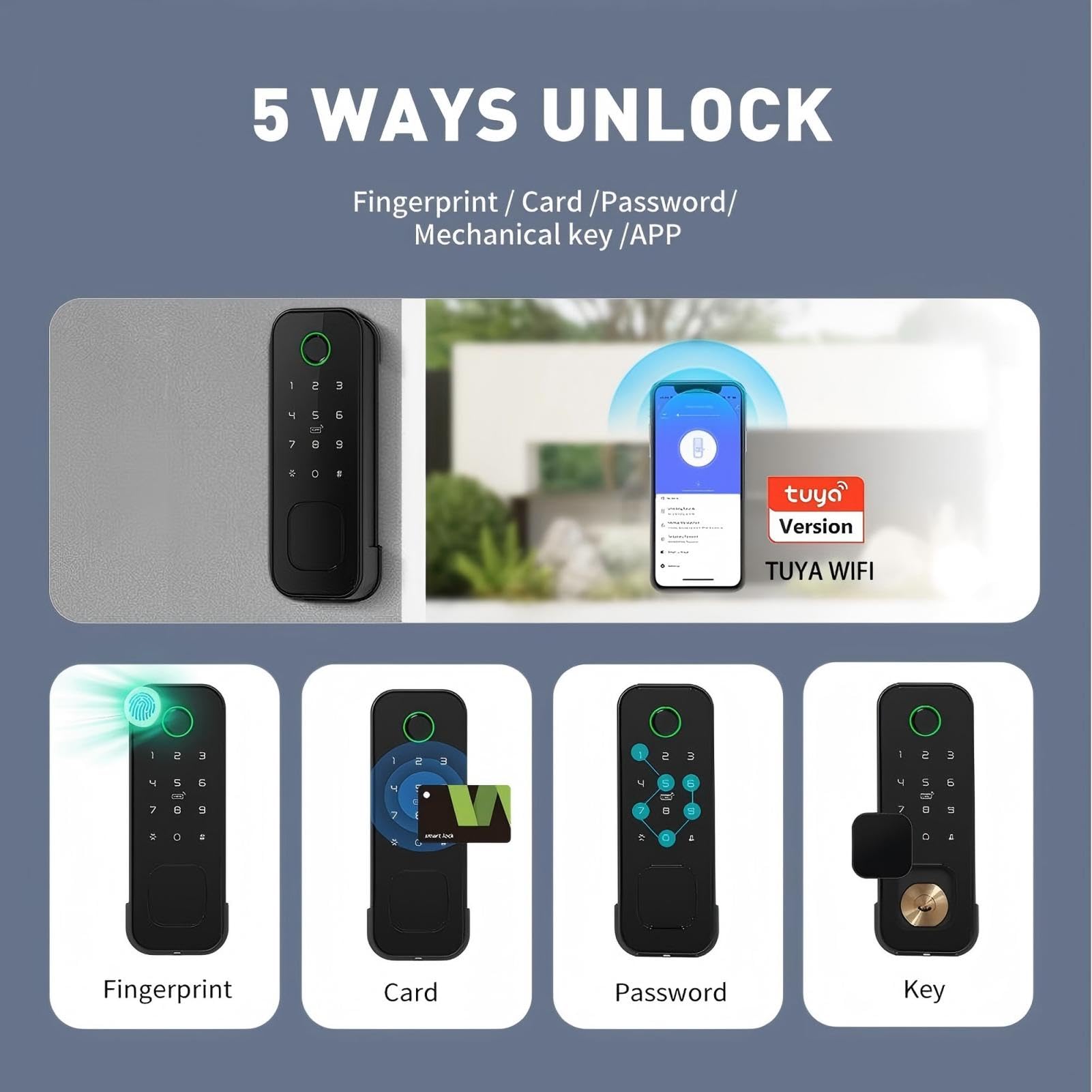 Serratura Smart da Esterno Impermeabile IP66 - Accesso con Impronta Digitale e Tessera su Entrambi i Lati - 5-in-1 con WiFi per Cancelli da Giardino (Nero)