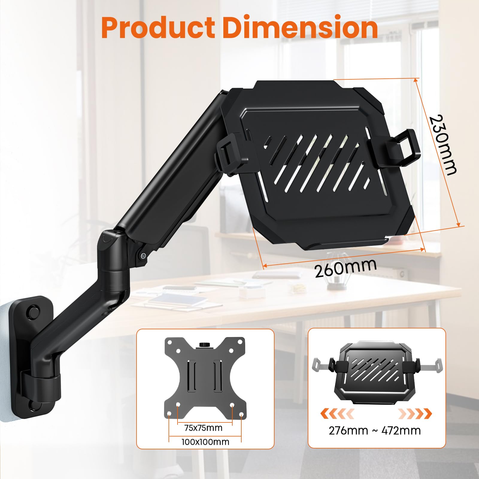 Soporte de Pared para Portátil de 12-17 Pulgadas - Altura Ajustable con Plataforma de Refrigeración Ventilada, Capacidad 1-9 kg, VESA 75/100 mm, También Válido para Monitor, Gestión de Cables