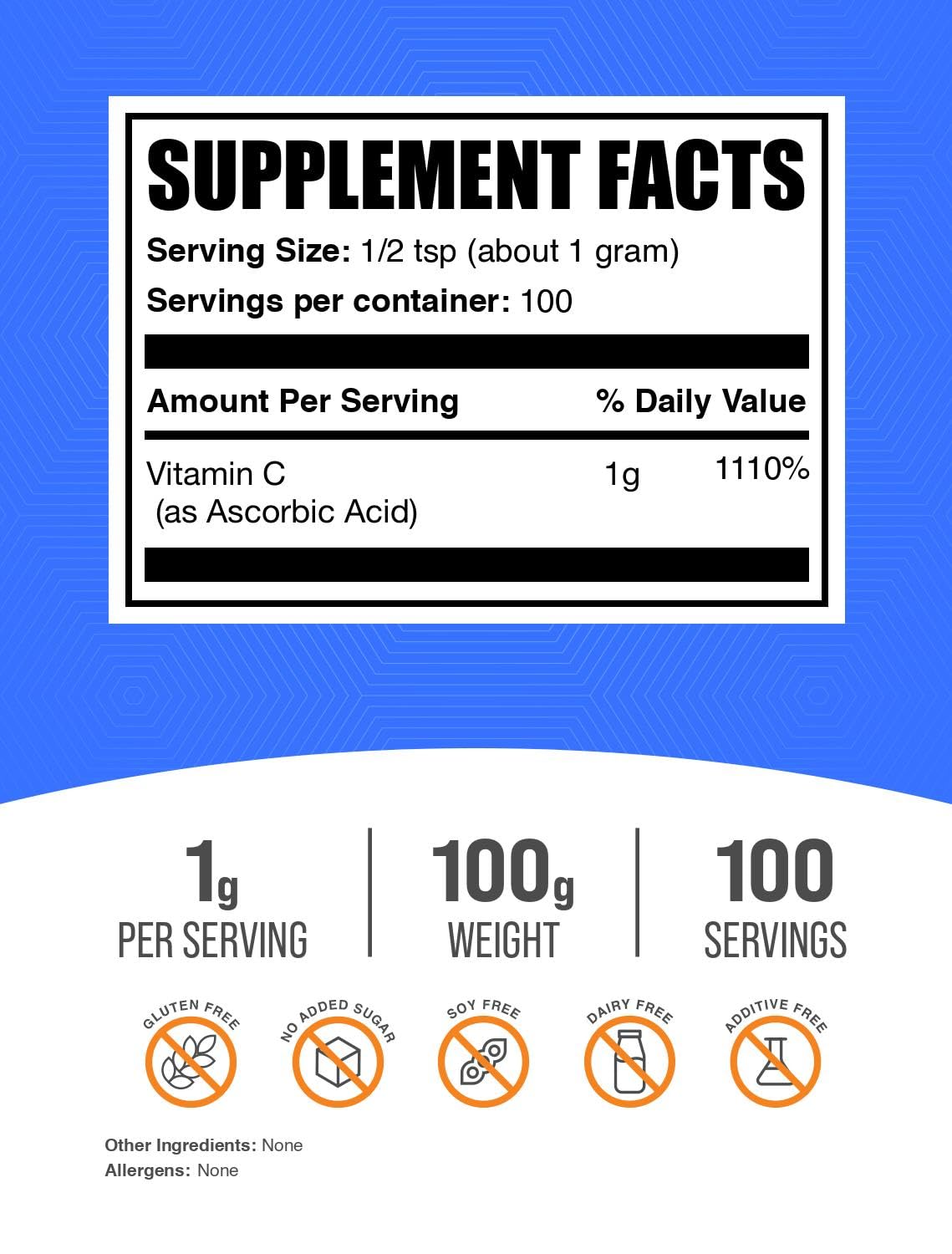 BulkSupplements.com Ascorbic Acid (Vitamin C) Powder - 100g (Pack of 1) — Amazon image 2