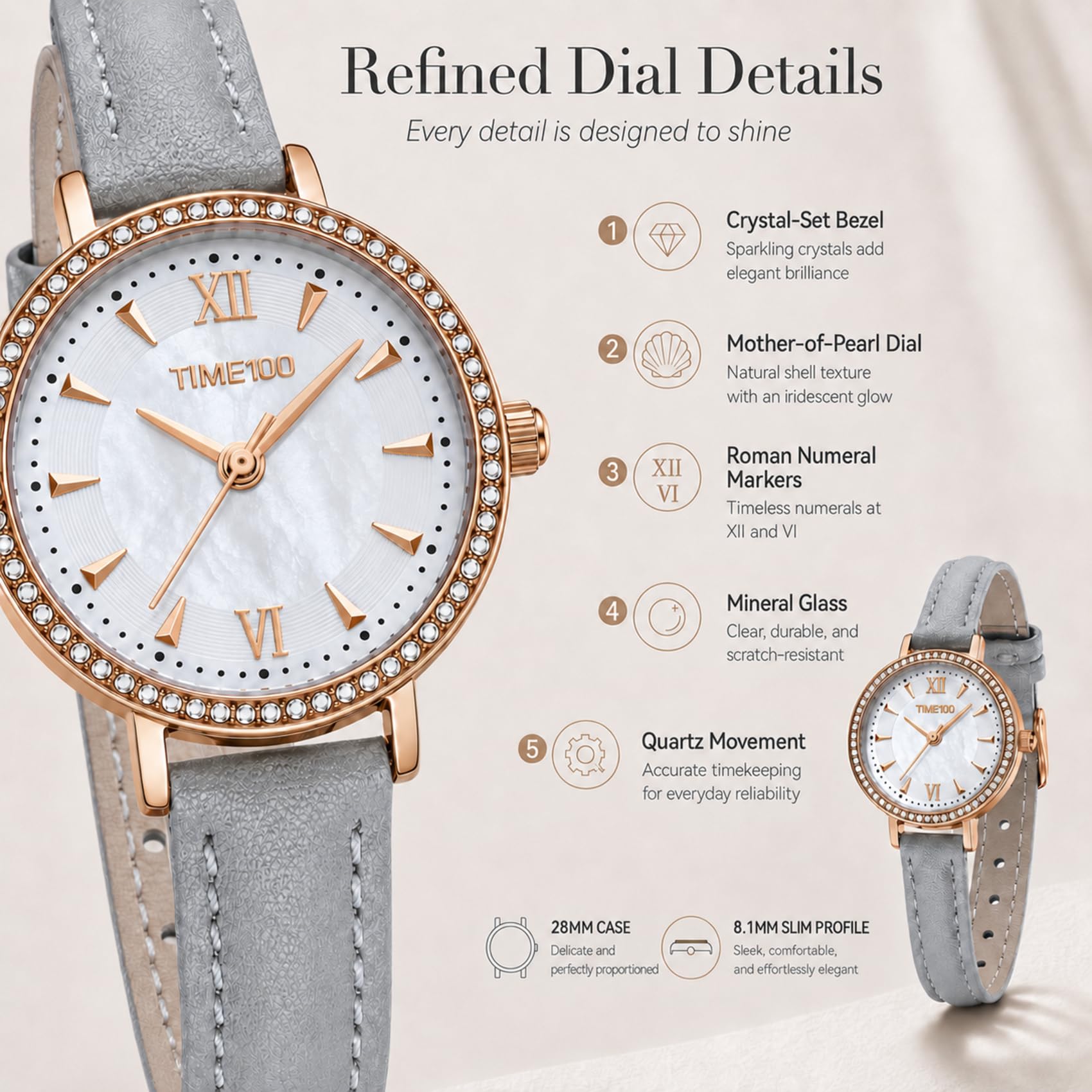 TIME100 Orologio da polso da donna con cinturino al quarzo, cinturino in | Orologio da donna Petite da donna, cinturino a cambio rapido, resistente all'acqua fino a 30 m, elegante orologio per tutti i
