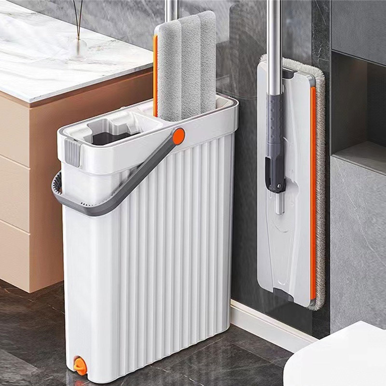Juego de fregona y cubo con escurridor, fregona plana y cubo con almohadilla de microfibra reutilizable para el hogar, sistemas de limpieza de pared