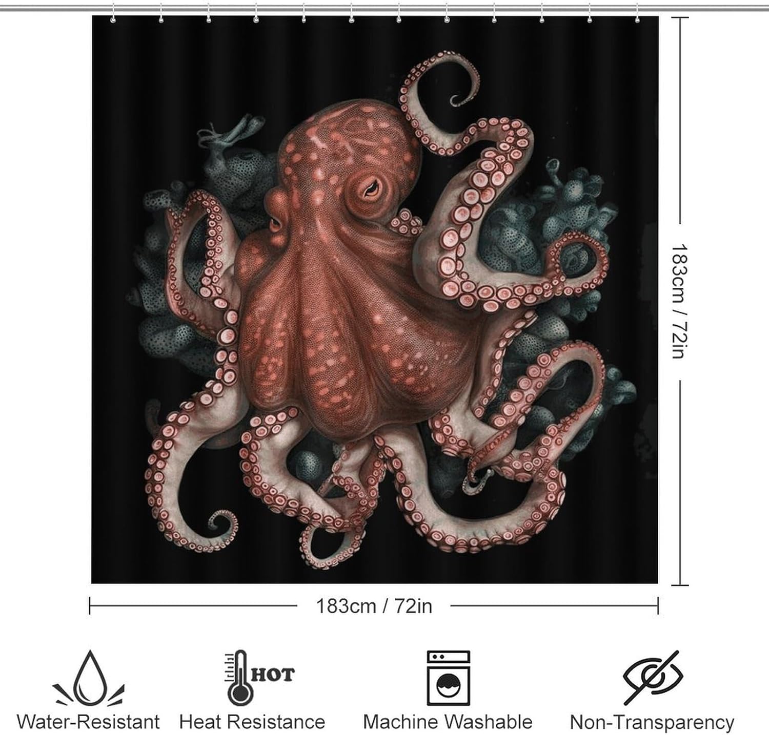 Octopus Intertwined Shower Curtain Set 4 Piece, Non-Slip Bath Mat with Toilet Lid Cover and Waterproof Shower Curtain with 12 Hooks, Complete Bathroom Set for Home Decor