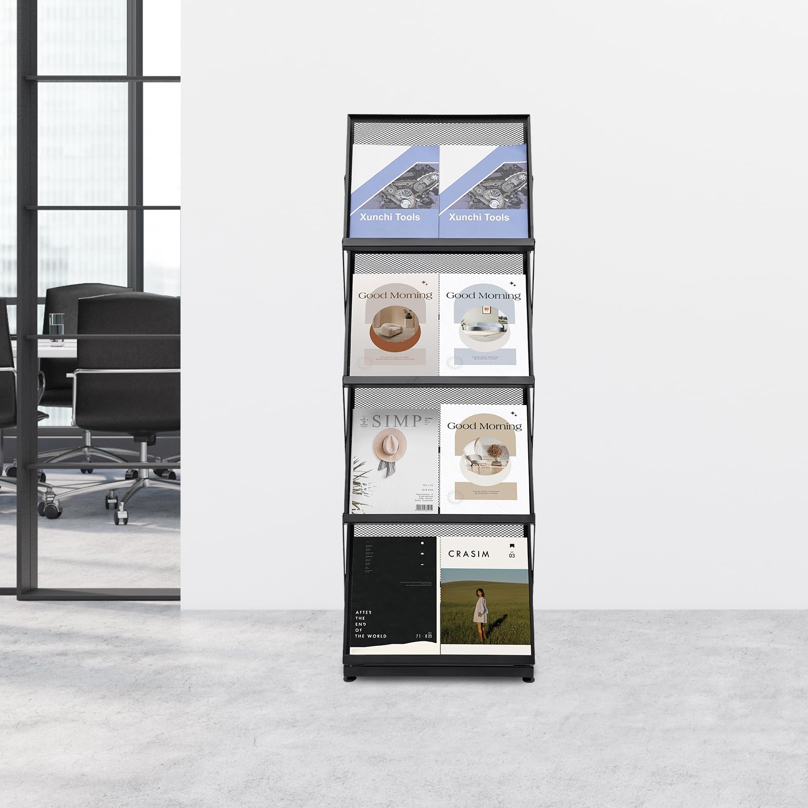 4 Ebenen Faltbar Zeitschriftenständer Prospektständer aus Eisen, Klappbares Prospekthalter Katalogständer Katalogständer, Bodenständer Broschüren-Präsentationsständer für Heim, Büro, Messe (Schwarz)