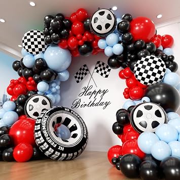 Race Car Balloon Arch Garland Kit, 154pcs Different Size Tire Flags Checkered Black Red Blue Balloons Arch Kit for Racing Car Two Fast Theme Boy Birthday Anniversary Party Decorations