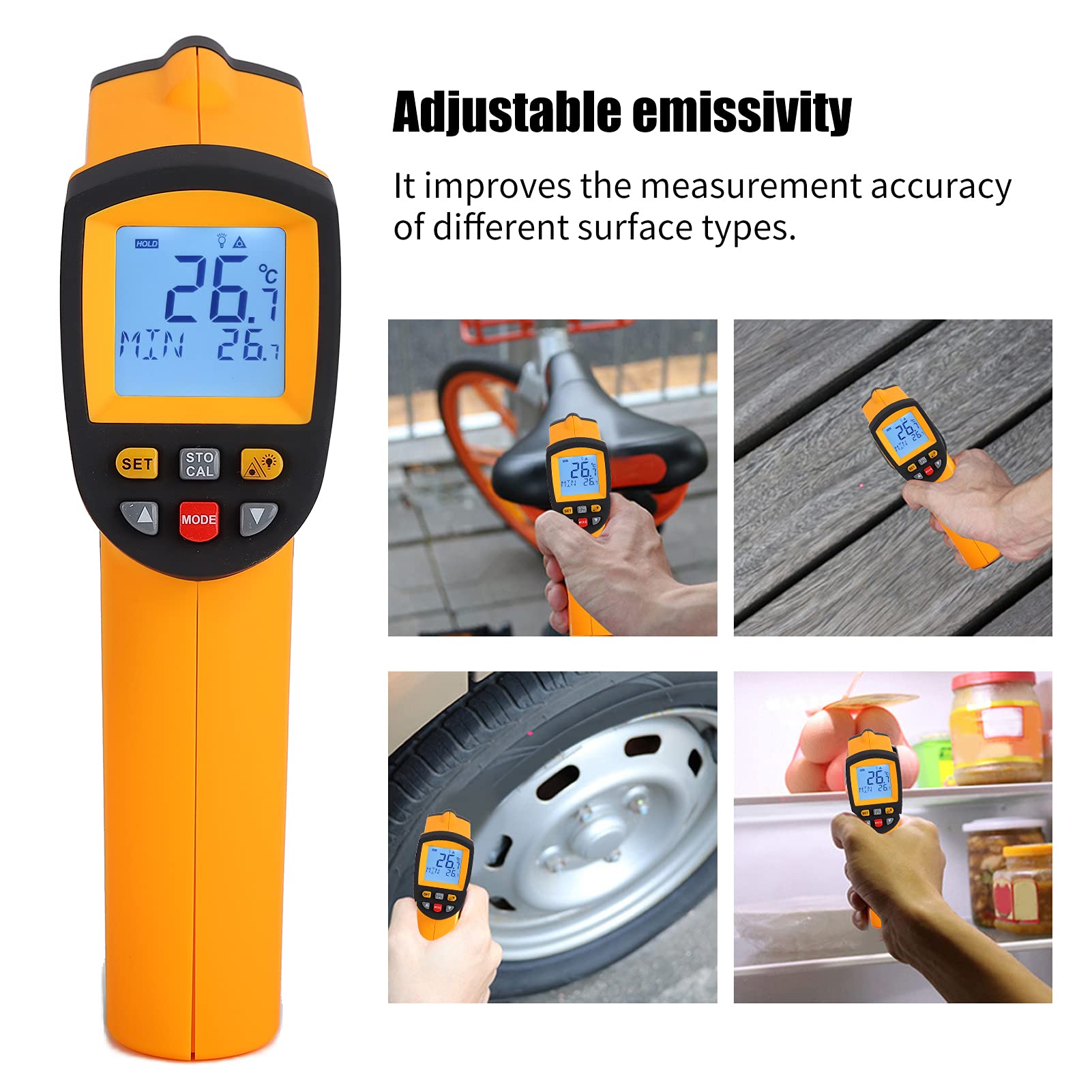 900 Infrarot-Thermometer – berührungsloses digitales Hand-Temperaturmessgerät mit 12:1 Abstand-zu-Punkt-Verhältnis und einstellbarem Emissionsgrad für Industrie- und