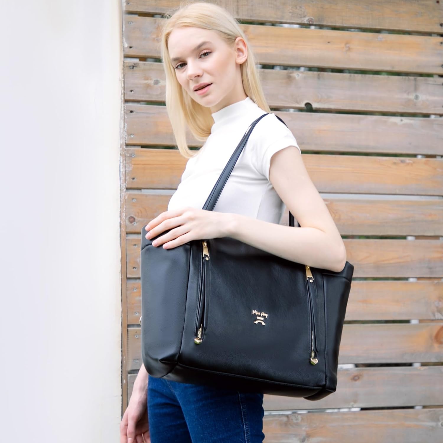 miss fong Diaper Bag Tote Leather Diaper Bag Backpack,Large Capacity Mommy Bag Hospital Bag,12 Pockets Travel Diaper Tote with Changing Pad,Stroller Straps & Insulated Pockets for Mom & Dad-Black - Image 2